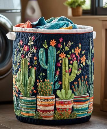 Cactus Charm Quilted Fabric Laundry Hamper - Chic Collapsible Laundry Basket With Reinforced Handles & Lined Interior For Bedroom Or Bath