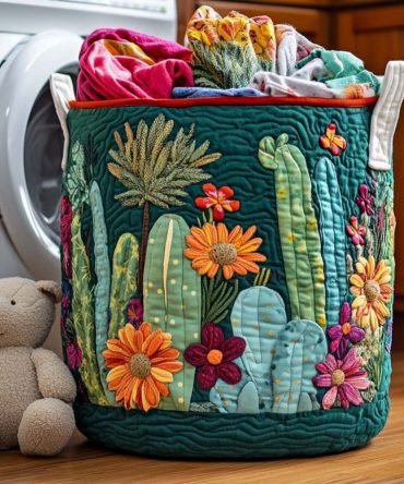 Cactus Charm Quilted Laundry Hamper — Cute Desert-Themed Foldable Storage Basket, Water-Resistant Lightweight Organizer For Kids & Home