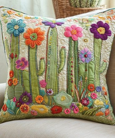 Cactus Charm Quilted Accent Pillow Cover — Durable Decorative Throw Pillowcase For Southwestern, Boho & Outdoor-Inspired Spaces