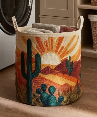 Cactus Desert Dawn Quilted Laundry Hamper — Sunrise Foldable Fabric Basket With Handles, Machine-Washable Desert Print For Home & Dorm Organization