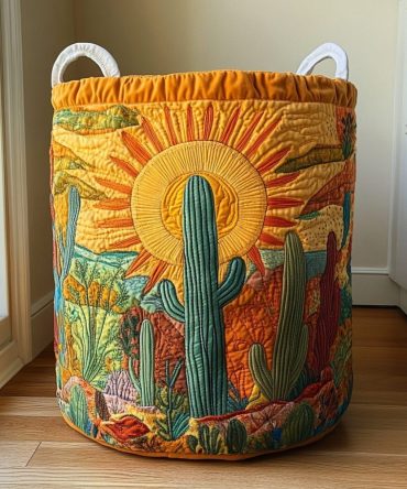 Cactus Dream Quilted Laundry Hamper — Cute Desert-Print Fabric Basket With Handles, Collapsible Lightweight Hamper For Trendy Home Storage