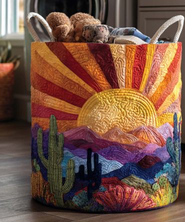 Cactus Dreams Quilted Laundry Hamper - Foldable Fabric Laundry Basket With Zipper Lid, Comfortable Handles & Playful Desert Print