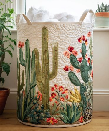 Cactus Dreams Quilted Laundry Hamper - Boho Desert Cactus Print Fabric Basket, Foldable Laundry Storage For Bedroom & Patio