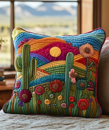 Dreamy Cactus Quilted Pillow Cover - Boho Desert Plant Throw Case For Couch, Bed & Accent Home Decor