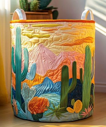 Cactus Fields Quilted Laundry Hamper — Southwestern Printed Fabric Basket With Handles, Collapsible Durable Hamper For Boho Home Style