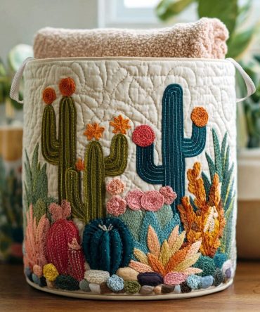 Cactus Garden Haven Quilted Laundry Hamper – Botanical Cactus Fabric Basket, Foldable Durable Hamper With Comfort Handles