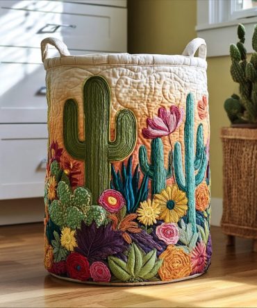 Cactus Garden Quilted Laundry Hamper – Stylish Large Fabric Basket, Collapsible Laundry Organizer With Handles For Home & Dorm