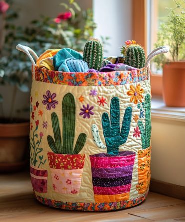 Botanical Cactus Quilted Laundry Basket - Garden Print Fabric Hamper, Large Capacity, Foldable Fabric Hamper With Sturdy Handles & Easy-Care