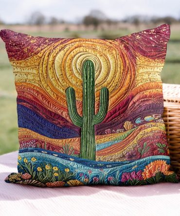 Cactus Garden Quilted Pillow Cover — Vibrant Cactus Print Quilted Decorative Pillowcase For Indoor Accent & Boho Chic Rooms