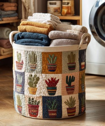 Cactus Harvest Quilted Laundry Hamper — Earthy Foldable Fabric Basket With Handles, Durable Machine-Washable Cactus Harvest Print For Stylish Storage