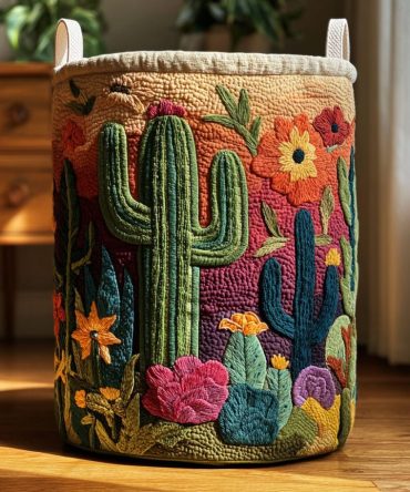 Cactus Horizon Quilted Laundry Hamper - Southwestern Foldable Fabric Basket For Trendy Laundry & Compact Home Organization