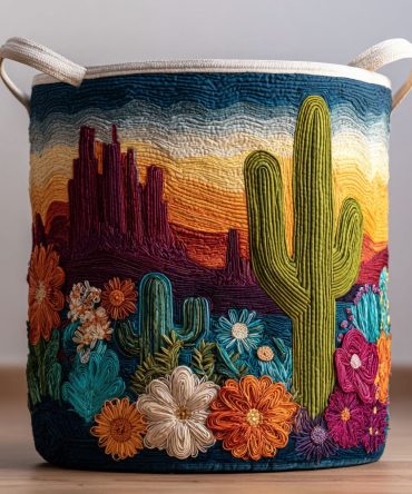 Cactus Horizon Quilted Laundry Hamper - Large Collapsible Fabric Storage Basket With Desert Motif, Portable Handles, Washable