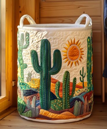 Desert-Inspired Quilted Laundry Hamper — Cactus Horizon Print, Foldable Fabric Storage With Reinforced Handles & Lightweight Frame