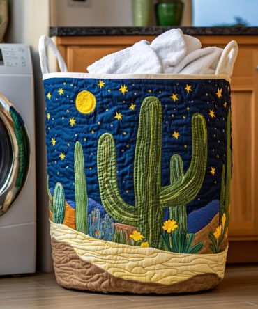 Boho Cactus Quilt Fabric Hamper - Collapsible Cactus Horizon Laundry Basket For Home, Dorm & Bath With Sturdy Handles, Machine-Washable