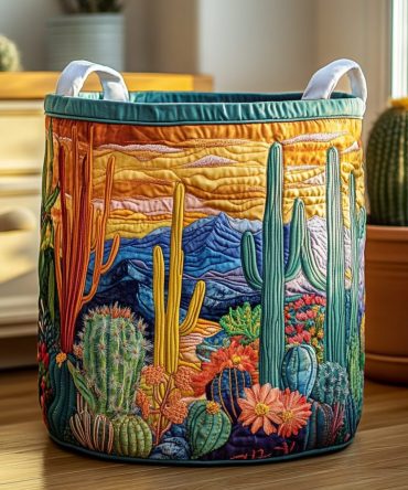 Cactus Journey Quilted Laundry Hamper – Southwestern Foldable Fabric Basket With Handles, Trendy Desert Storage For Home & Dorm