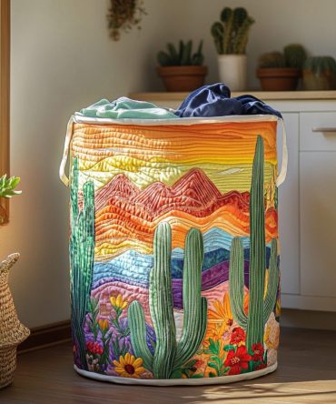 Premium Quilted Cactus Landscape Laundry Hamper — Large Decorative Fabric Basket With Reinforced Handles, Collapsible & Machine-Washable