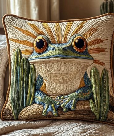 Cactus Leap Quilted Pillow Cover — Playful Southwestern Frog Accent For Boho, Desert Chic & Eclectic Home Styling