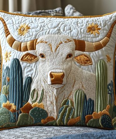 Cactus & Longhorn Quilted Pillow Cover With Southwestern Motif, Durable Cotton Blend Decorative Throw Pillowcase For Boho, Desert & Ranch Decor