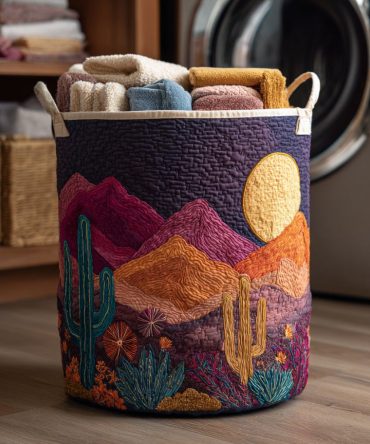 Cactus Mountain Sunset Quilted Laundry Hamper — Scenic Foldable Fabric Basket With Handles, Machine-Washable Sunset Cactus Print For Home