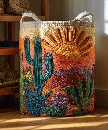 Cactus Trail Quilted Storage Hamper — Durable Foldable Laundry Basket With Carry Handles, Southwestern Print Organizer For Home