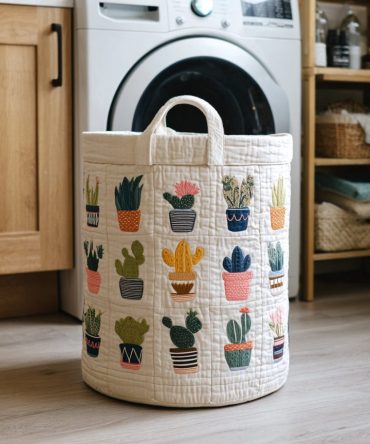 Cactus Planter Pop Quilted Laundry Hamper — Trendy Foldable Fabric Basket With Handles, Machine-Washable Playful Planter Print For Bedroom & Dorm