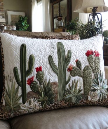 Cactus Quilted Pillowcase — Charming Desert Cactus Motif, Soft Quilted Accent For Southwestern & Boho Bedroom Styling
