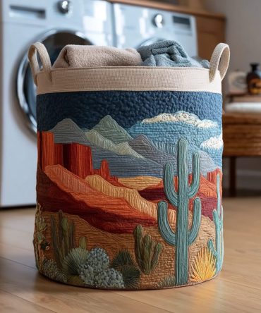 Cactus Savanna Dream Quilted Laundry Hamper — Botanical Foldable Basket With Soft Quilting And Strong Handles For Eco-Chic Storage