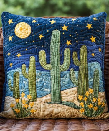 Cactus Sky Quilted Throw Pillow Cover – Southwestern Boho Decorative Pillowcase, Durable Cotton Blend For Sofa, Patio & Nursery