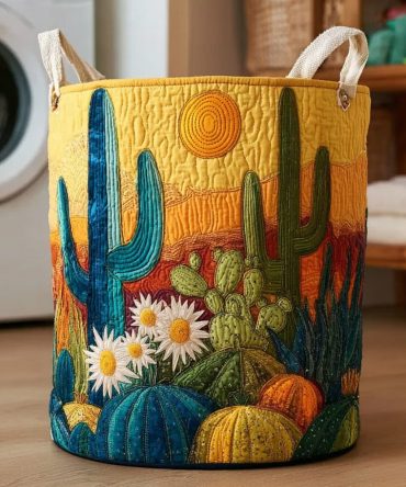 Cactus Sol Quilted Laundry Hamper — Sun-Kissed Foldable Fabric Basket With Handles, Durable Machine-Washable Cactus Design For Home Organization