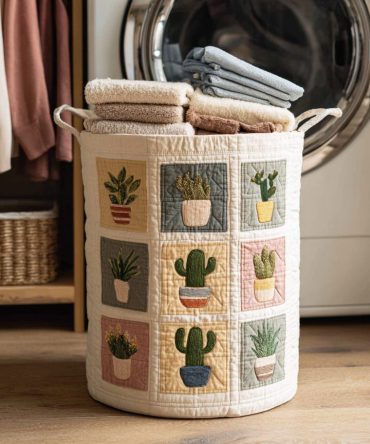 Cactus Sunny Quilted Laundry Hamper — Bright Foldable Fabric Basket With Handles, Machine-Washable Sunlit Cactus Print For Stylish Storage
