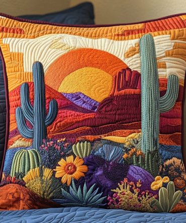 Cactus Sunrise Quilted Pillow Cover — Southwestern Cactus Throw Pillowcase, Warm Desert-Tone Accent For Sofa & Bed