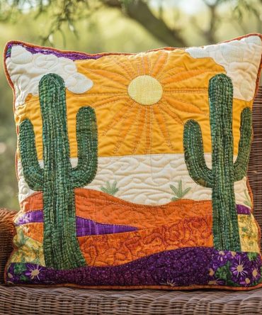 Cactus Sunrise Quilted Decorative Pillow Cover — Desert Cactus Print Cushion Sham, Earthy Southwestern Accent For Home Decor