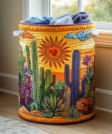 Cactus Sunset Quilted Laundry Hamper – Large Decorative Collapsible Basket, Lightweight Fabric Organizer For Bedroom & Dorm Rooms