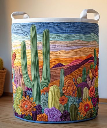 Cactus Sunset Quilted Laundry Hamper - Large Foldable Fabric Basket With Handles, Sunset Cactus Print For Decorative Laundry Storage