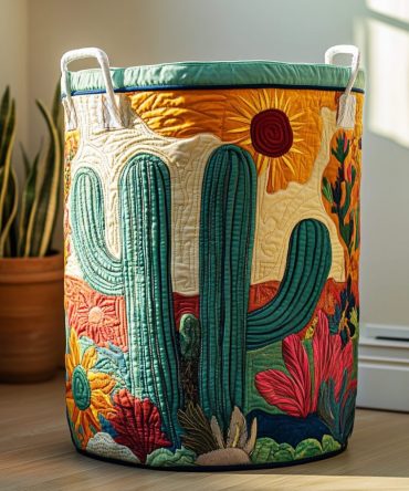 Cactus Sunset Quilted Laundry Hamper — Southwestern-Inspired Foldable Fabric Basket For Boho Home Decor, Bedroom & Living Spaces