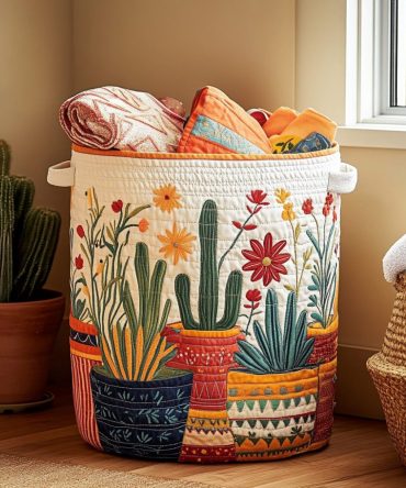 Cactus Sunset Quilted Fabric Hamper — Boho Desert Print Laundry Basket, Collapsible Soft Storage With Handles For Bedroom & Bath