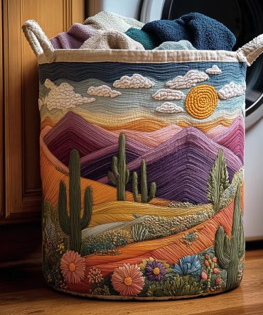 Cactus Sunset Quilted Laundry Hamper — Southwestern Collapsible Fabric Basket With Bold Desert Print, Durable Handles & Lightweight Design