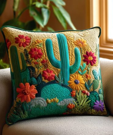 Cactus Sunset Quilted Throw Pillow Cover — Southwestern Desert Motif With Sunset Hues, Textured Quilting, Hidden Zipper, Machine-Washable Boho Accent