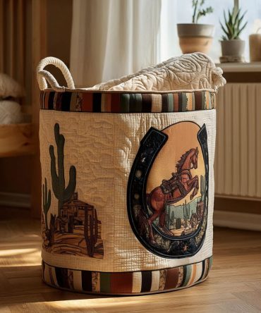 Cactus Trail Gallop Quilted Laundry Hamper — Southwestern Collapsible Fabric Basket With Handles, Spacious & Stylish