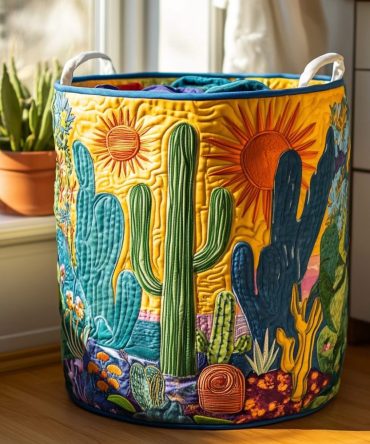 Cactus Trail Quilted Storage Hamper — Durable Collapsible Laundry Basket With Reinforced Handles & Stylish Pattern