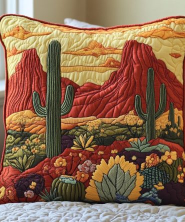 Premium Quilted Decorative Pillow Cover - Cactus Trail Boho Accent Throw Pillowcase For Living Room & Bedroom