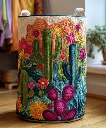 Cactus Valley Quilted Laundry Hamper – Large Collapsible Fabric Basket, Decorative Bedroom & Nursery Organizer With Durable Handles