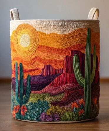 Cactus Valley Quilted Laundry Hamper - Large Foldable Fabric Basket With Handles, Durable Desert-Inspired Laundry Organizer