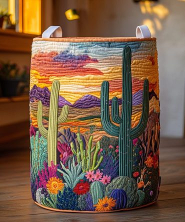 Cactus Vista Quilted Laundry Hamper – Desert Botanica Foldable Clothes Basket With Reinforced Handles, Durable Padding & Modern Southwestern Style
