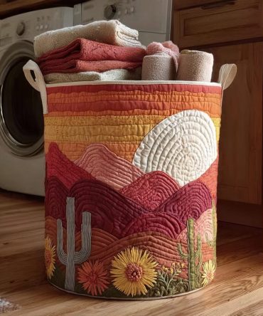 Cactus Western Sun Quilted Laundry Hamper — Southwestern Foldable Fabric Basket With Handles, Machine-Washable Boho Cactus Print For Home