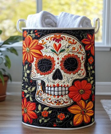 Calavera Bloom Quilted Laundry Hamper — Vibrant Day Of The Dead Fabric Basket, Collapsible Decorative Laundry Storage With Handles