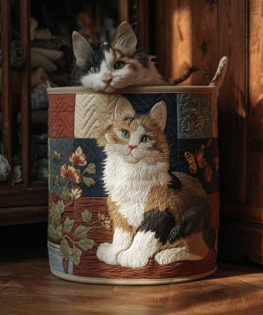 Calico Bloom Quilted Laundry Hamper - Charming Calico Cat & Floral Storage Basket, Soft Padded Organizer For Cozy Spaces
