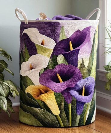Calla Charm Quilted Laundry Hamper — Elegant Calla Lily Fabric Basket, Collapsible Decorative Laundry Storage With Carry Handles