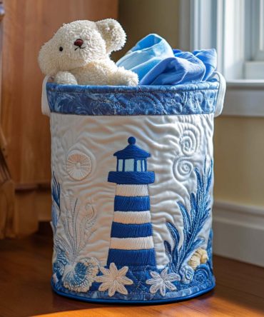 Calm Lighthouse Quilted Laundry Hamper — Soft Coastal Foldable Laundry Basket With Sturdy Handles For Organized Bedrooms & Bathrooms