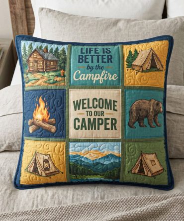 Camp Escape Adventure Quilted Throw Pillow Cover — Cozy Cabin & Camper Accent For Rv, Lodge, Outdoor-Inspired Home Decor, Easy Care
